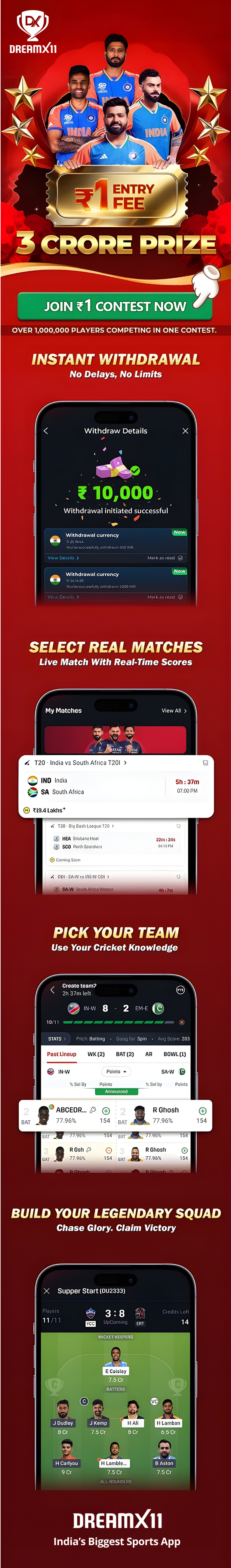 DreamX11 — contest offer, instant withdrawal, live matches, pick your team
